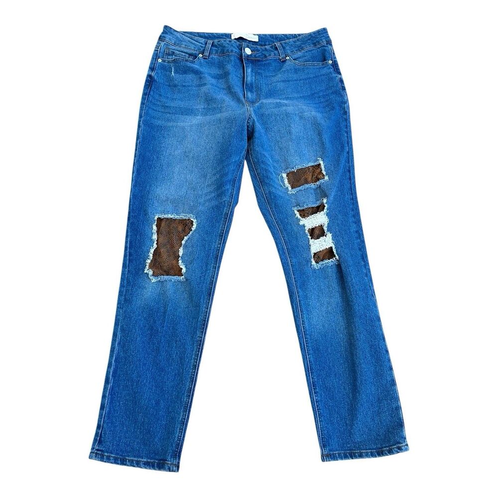 EST 1946 Denim Jeans Distressed Patch Snakeskin Print Straight Leg Women Size 14